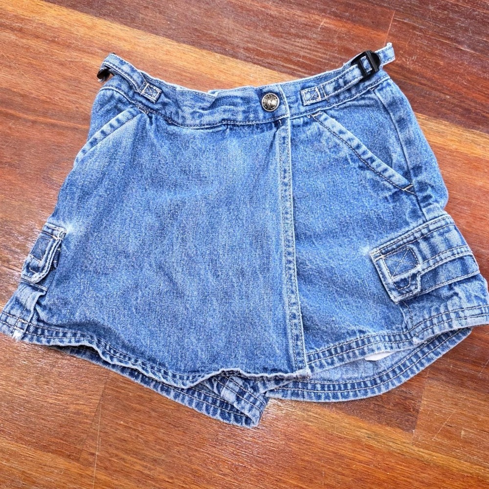 Y2K Skort Arizona Jean Co Girls Blue Denim Cargo Size 4 Regular Wrap Front 90's